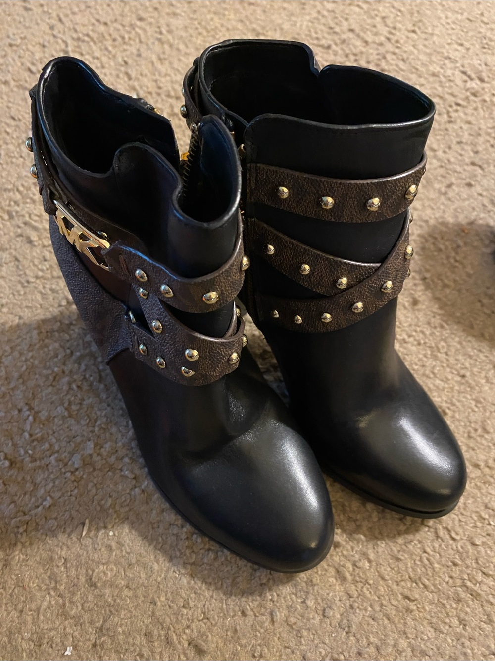 MICHAEL Michael Kors Black Ankle Booties with Brown Studded Wrap Straps